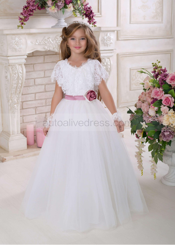 V Neck White Eyelash Lace Tulle Floor Length Flower Girl Dress